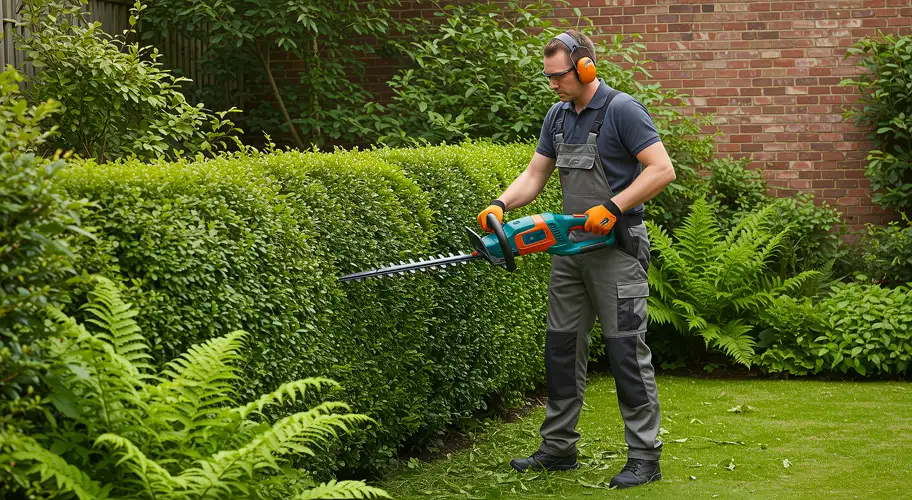Hovenier snoeit een haag in een verzorgde tuin