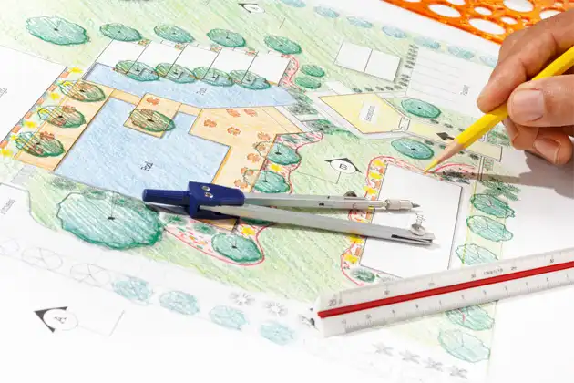 Tuinontwerp van een achtertuin met zwembad